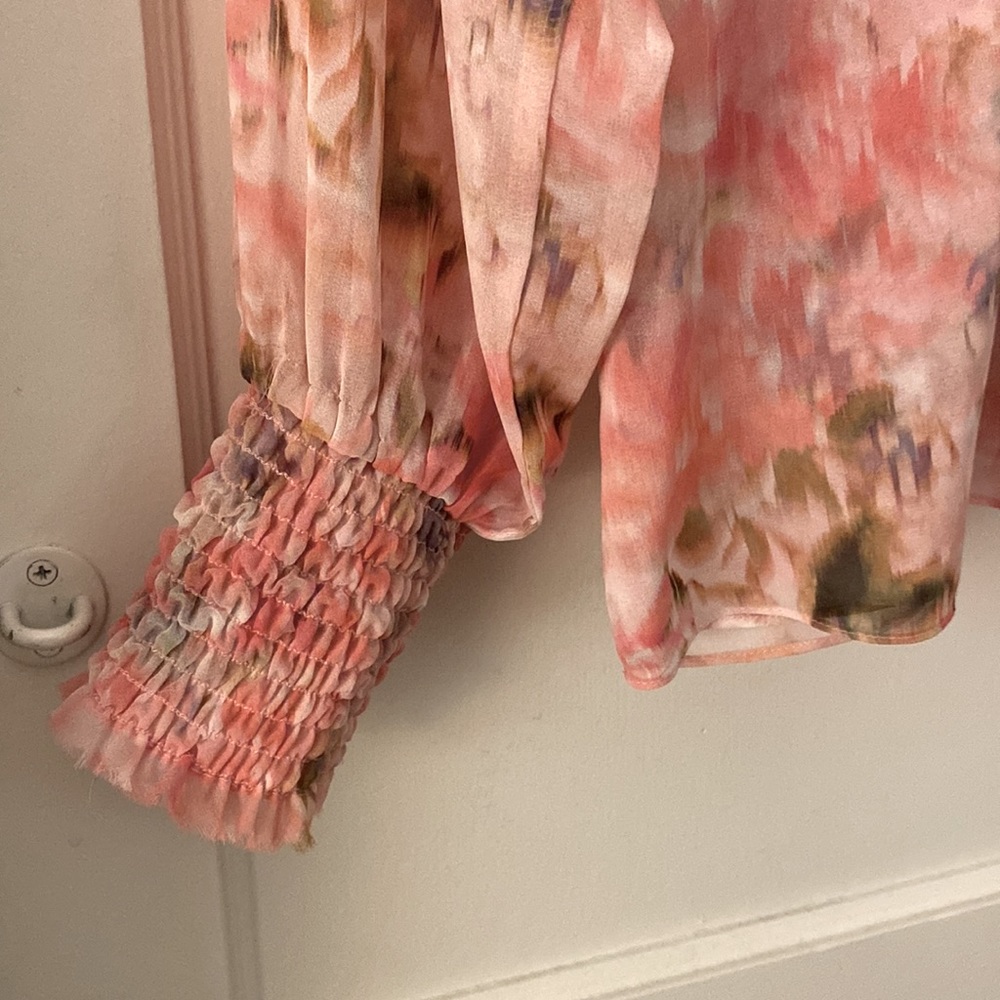 Misa Los Angeles Pink Long Sleeve Ruffled Blouse with Mandarin Collar - Picture 3 of 7